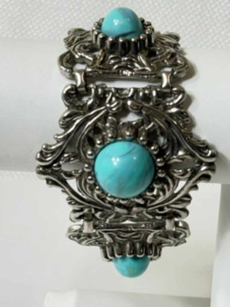 Chunky Wide Southwest Style SilverTone And TurquoiseTone Bracelet